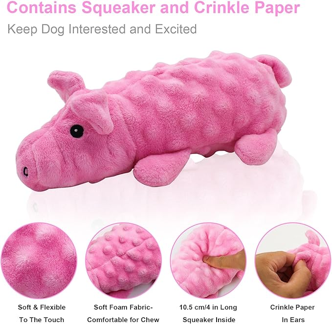 Andiker Dog Squeaky Toys, 10 in/24.5 cm Plush Dogs Toy Soft Dog Chew Toys in Pig Shape for Chewing Biting, Stuffed Puppy Toys with a 9.5 cm Squeaker and Crinkle Paper for All Breed Sizes Dogs (Pink)