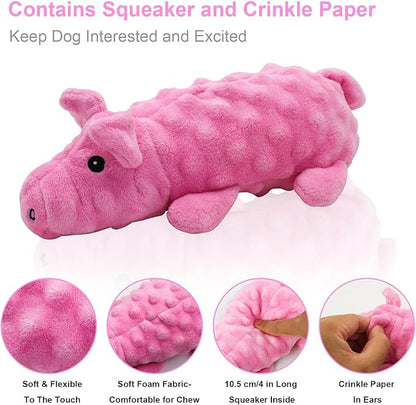 Andiker Dog Squeaky Toys, 10 in/24.5 cm Plush Dogs Toy Soft Dog Chew Toys in Pig Shape for Chewing Biting, Stuffed Puppy Toys with a 9.5 cm Squeaker and Crinkle Paper for All Breed Sizes Dogs (Pink)