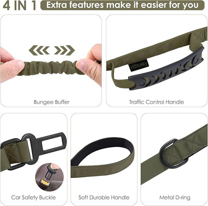 Hotsky Tactical Dog Leash Heavy Duty for Medium Large Dogs that Pull,4-6Ft Strong Bungee Shock Absorbing No Pull Dog Leash with Padded Double Handle and Car Seatbelt,Army Green