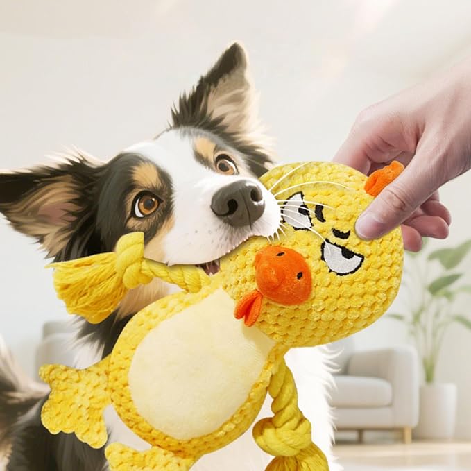 Cute Animals Interactive Squeaky Dog Toy with a Vocal Bladder, Crinkle Paper Stuffed Soft Cotton Chew Toy, Teething Rope Tug of War Pull Toy to Keep Them Busy for Puppy, Small Dogs - Yellow Chick