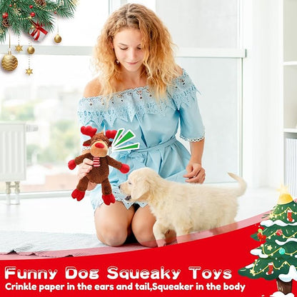 Christmas Dog Toys, Squeaky Dog Toys with Crinkle Paper, Plush Reindeer Toys, Interactive Stuffed Chew Toys, Gifts for Puppy, Small, Medium, Large Dogs