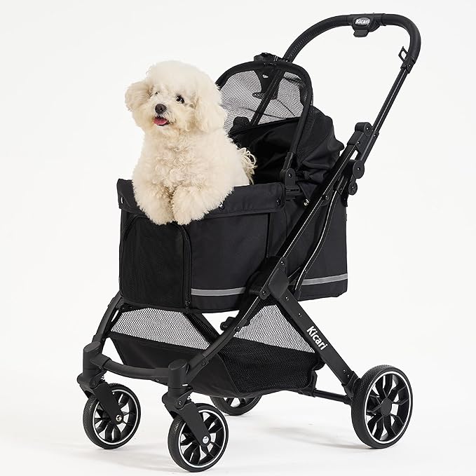 All-Terrain Dog Stroller for Small to Medium Dogs, Pet Stroller for Dogs & Cats Outdoor Walks, One-Hand Easy Fold, Double-Layer Anti-UV & Waterproof Canopy & Breathable Mesh, Samurai Black