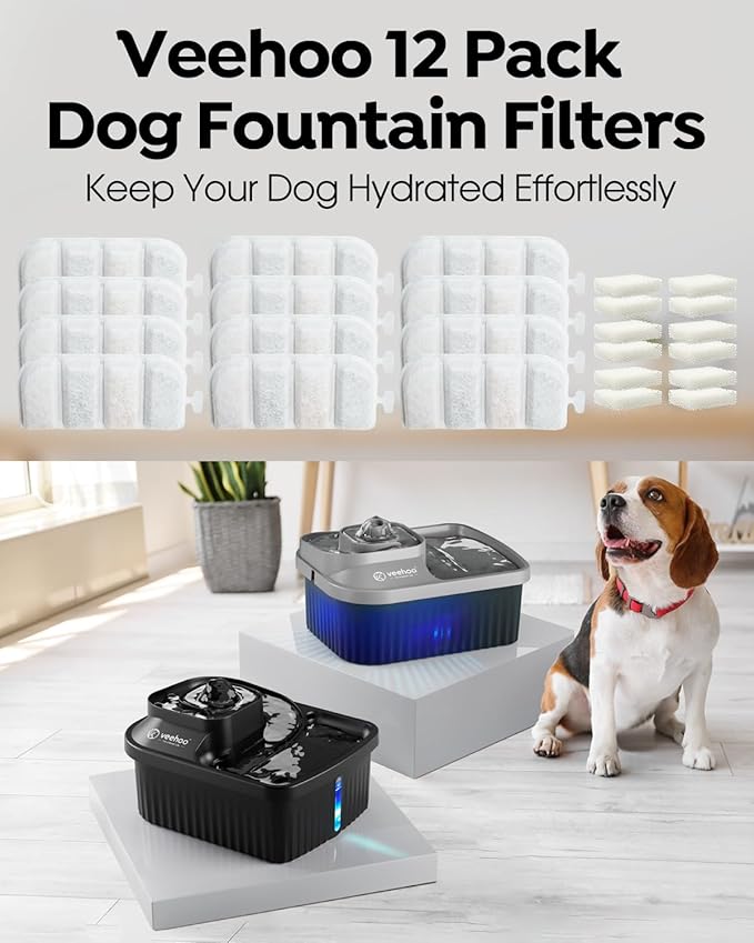 Veehoo 12 Pack Replacement Filters & 12 Pack Pre-Filter Sponges Set for 2.4Gal Dog Water Fountain, 6 Months Set of Replacement Filters for Dog Water Dispenser