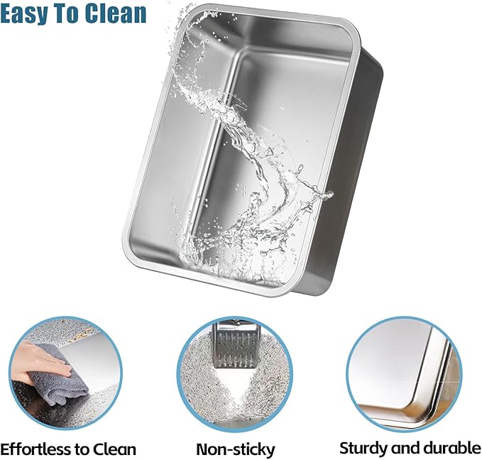 Stainless Steel Cat Litter Box - XL Metal High Sided Cat Pan Tray, Easy to Clean Non Stick Odorless Large Pet Toilet Supplies for Big Cats Kitty Kitten, 23.6 x15.75 x6 Inch, Black