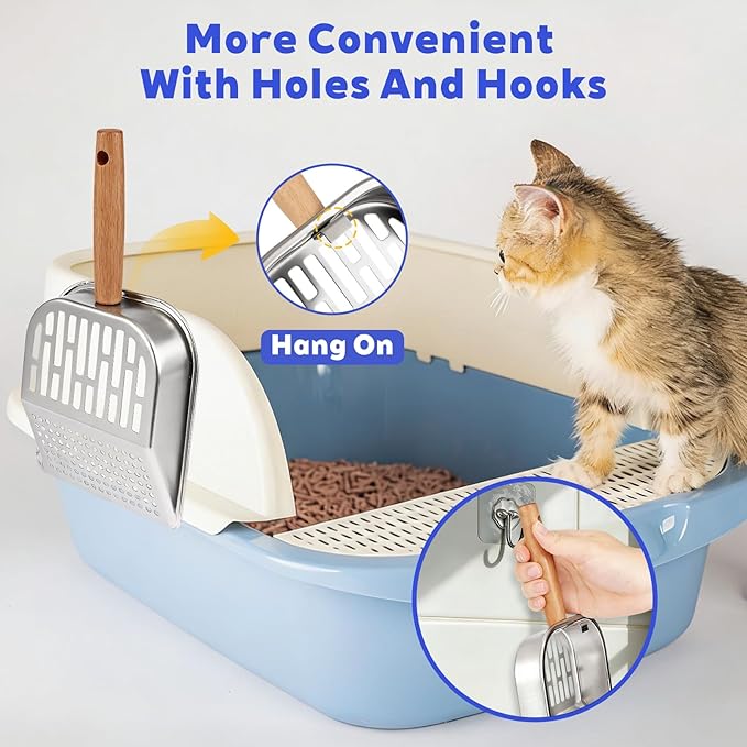Litter Scooper, Metal Litter Scoop, Pooper Scooper with Wooden Handle, Cat Litter Scoop, Metal Scooper & Speed Sifter Deep Shovel Scoop Filter for Litter Box (Easy Assembly)