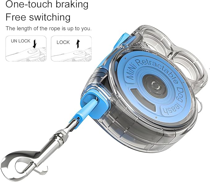 Retractable Dog Leash for Small Dogs, 10ft Retractable Leash for Puppies Up to 26 lbs, 360° Tangle-Free Heavy Duty Nylon Tape, One-Handed Brake Pause Lock, Reflective Strip for Safe Night Walking