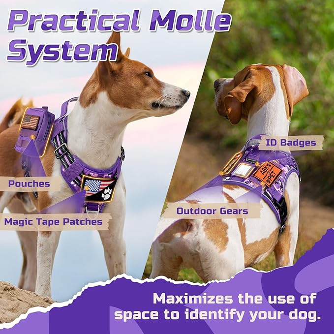 rabbitgoo Tactical Dog Harness for Small Dogs, No Pull Military Service Vest with Handle & Molle, Easy Control for Training Walking, Adjustable Reflective Straps, Purple Camo, S