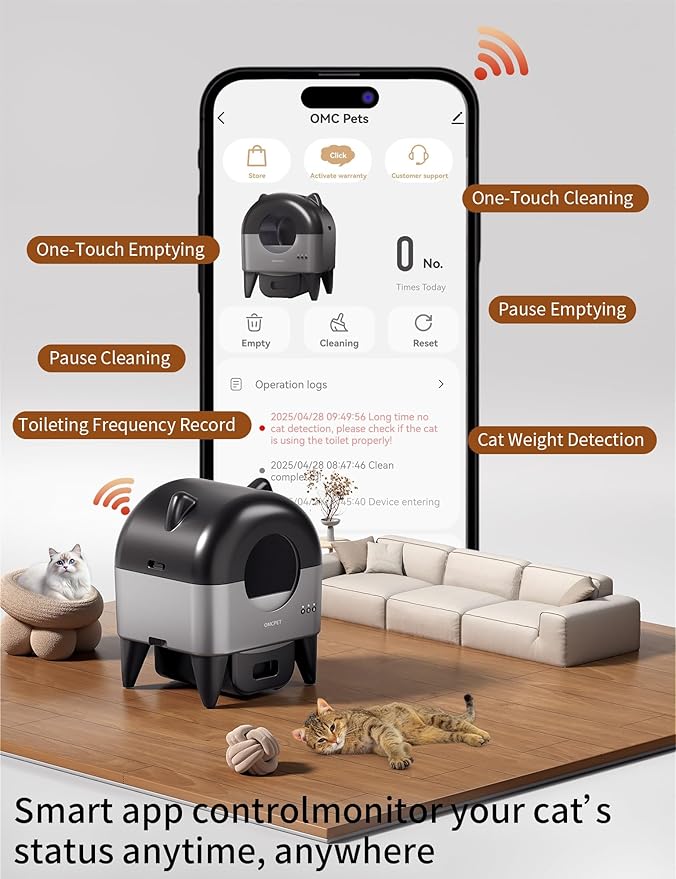 Self Cleaning Litter Box,95L Automatic Self Cleaning Cat Litter Box,Smart Electric Litter Box with App Control 8 Safety Sensors for Multiple Cats,Advanced Odor Control,Night Light OMCPET(Dark Gray)