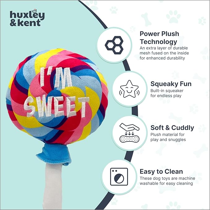 Huxley & Kent Funny Dog Toy w/Squeaker – Power Plush Squeaky Dog Toys for Small, Medium & Large Dogs – Soft Stuffed Animal for Indoor Play & Fetch - I'm Sweet Lollipop, Large
