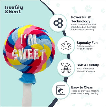 Huxley & Kent Funny Dog Toy w/Squeaker – Power Plush Squeaky Dog Toys for Small, Medium & Large Dogs – Soft Stuffed Animal for Indoor Play & Fetch - I'm Sweet Lollipop, Large