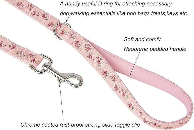 Dog Leash Flower Pattern, 4 Feet Length, Durable Nylon with Ribbon for Small, Medium and Large Dogs.(Medium, Pink Floral Leash)