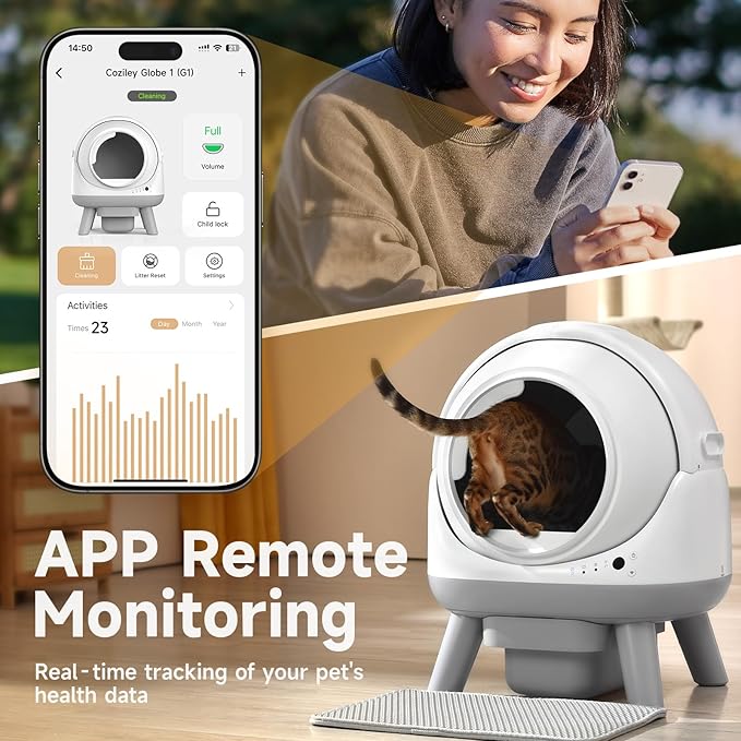 Self Cleaning Litter Box for Multiple Cats, G1 Automatic Litter Box with Smart APP Control & Health Monitoring, Includes 2 Roll Trash Bags and Litter Mat (White)