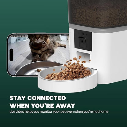 6L Automatic Cat Feeder with Camera – WiFi Smart Pet Feeder for Cats & Dogs, HD Video with Night Vision, App Control, 2-Way Audio, Portion Scheduling – White