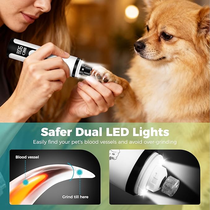 Upgraded Silent Dog Nail Grinder, Cordless Grooming Pro Nail Grinder with 3 Adjustable Speeds & Led Light, Painless Paws Grooming for Small Medium Large Dogs & Cats (2 Replacement Heads)