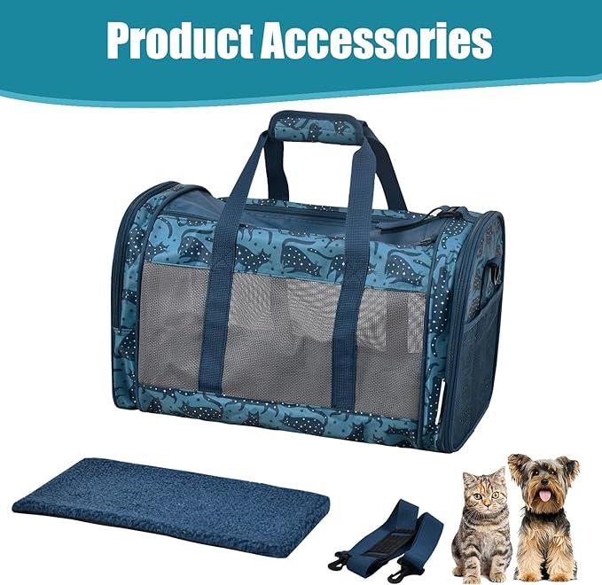 Soft-Sided Kennel Pet Carrier for Small Dogs, Cats, Puppy, Airline Approved Cat Carriers Dog Carrier Collapsible, Travel Handbag & Car Seat (Blue Cat Print, 19" L x 11" W x 11" H)