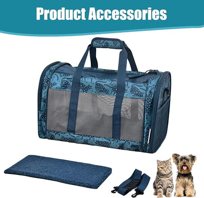 Soft-Sided Kennel Pet Carrier for Small Dogs, Cats, Puppy, Airline Approved Cat Carriers Dog Carrier Collapsible, Travel Handbag & Car Seat (Blue Cat Print, 19" L x 11" W x 11" H)