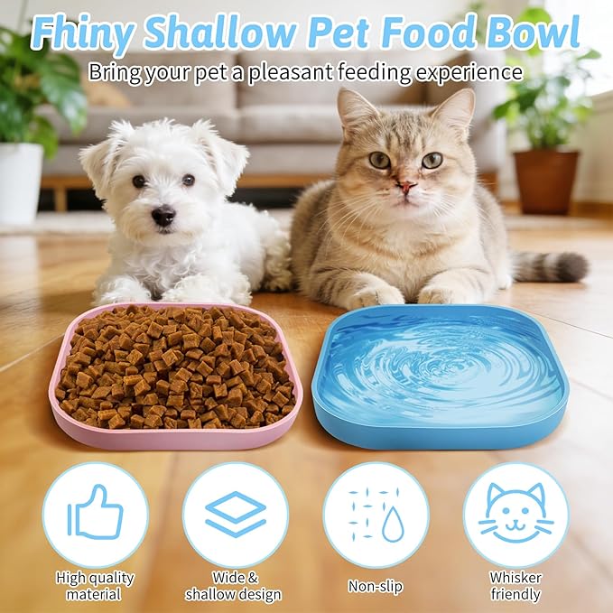 Fhiny 2PCS Silicone Cat Bowls Set 7.1 x 7.1 in Shallow Dog Dish Whisker Friendly Cat Food Plate for Dry & Wet Food Dishwasher Safe Non-Slip Pet Feeding Bowls for Kittens and Puppies (Pink+Blue)