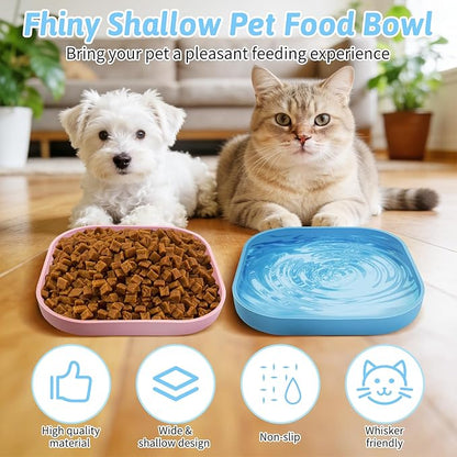 Fhiny 2PCS Silicone Cat Bowls Set 7.1 x 7.1 in Shallow Dog Dish Whisker Friendly Cat Food Plate for Dry & Wet Food Dishwasher Safe Non-Slip Pet Feeding Bowls for Kittens and Puppies (Pink+Blue)