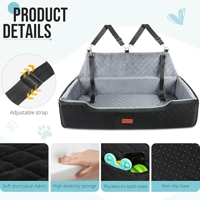 HEGGCOOE Large Dog Car Seat Under 100 lbs, Washable Dog Car Bed for 2 Medium Dogs, Detachable Pet Booster Seat with Storage Pocket and Seat Belt for Back Seat Dog Travel Bed
