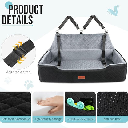 HEGGCOOE Large Dog Car Seat Under 100 lbs, Washable Dog Car Bed for 2 Medium Dogs, Detachable Pet Booster Seat with Storage Pocket and Seat Belt for Back Seat Dog Travel Bed