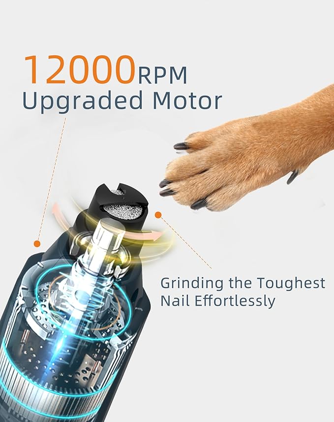 6-Speed Dog Nail Grinder& 4 Extra Grinding Heads Super Quiet (45 db)Pet Nail grinder with 2 LED Lights 12000RPM & 3 Grinding Ports with Dust Cap Dog Nail Trimmer for Large Medium Small Dogs