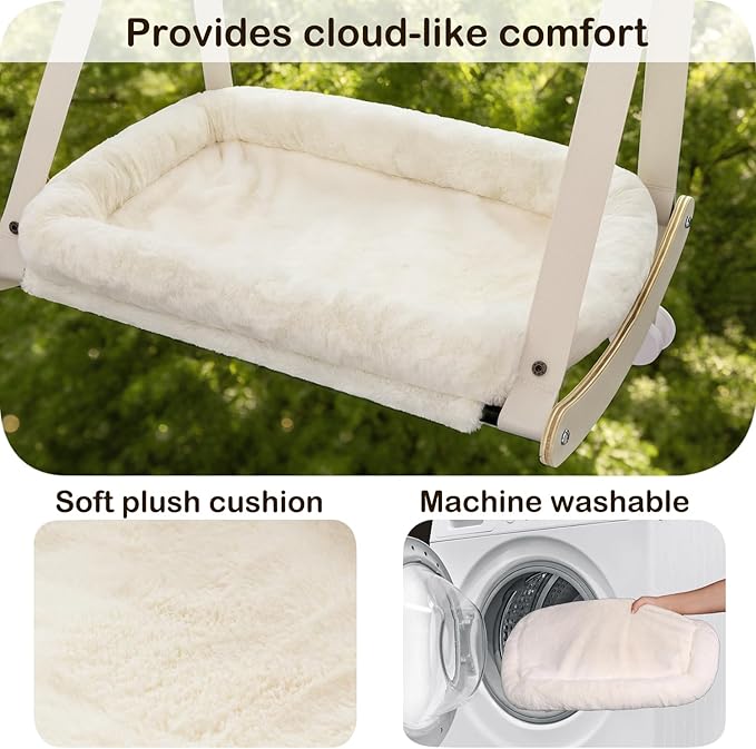 Kilodor Cat Window Perch, Cat Hammock for Window with 4 Strong Suction Cups - Easy Assembly, Solid Wood Frame with Large Cats Bed - Supports Up to 40lbs for Indoor Cats Beige