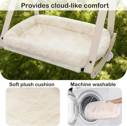 Kilodor Cat Window Perch, Cat Hammock for Window with 4 Strong Suction Cups - Easy Assembly, Solid Wood Frame with Large Cats Bed - Supports Up to 40lbs for Indoor Cats Beige