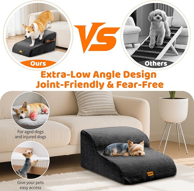 Gimars Extra Wide Sturdy 30D High Density Foam 2-Step Dog Stairs for Sofa, Pet Stair for Small Medium Dog Black