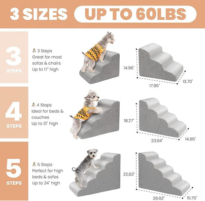 MEWANG 22.83''H Dog Stairs for Small & Medium Dogs and Old Cats – 5 Steps High-Density Foam Pet Ramp for Bed & Couch, Non-Slip, Washable Cover, Grey (Round Corner, 29.92''L×15.75''W×22.83''H)