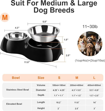 Double Dog Bowls Set – Non-Slip Pet Food & Water Dishes with Resin Stand, Includes Small (1 Cup) & Medium (2 Cups) Bowls – Ideal for Puppies and Cats –Black