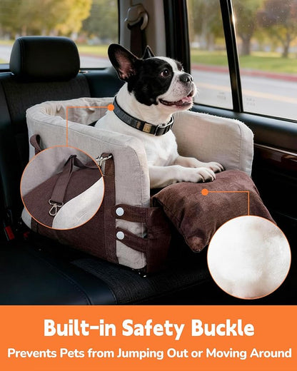 JZXOIVA Console Dog Car Seat & Travel Bed for Small/Medium Dogs, Booster Dog Car Seat with Safety Tether, Non-Slip Base, Washable Cover, Front or Back Seat Pet Carrier Bed, Brown
