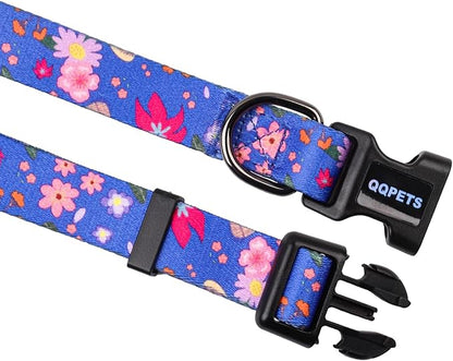 QQPETS Adjustable Soft Dog Collar: Print Flower Pink Multicolor Cute Patterns for XS Small Medium Large Pet Girl Boy Puppy Walking Running Training (S, Cornflower Blue)