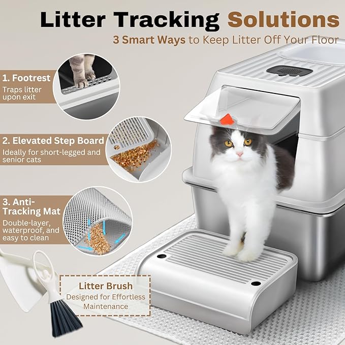 XXL Stainless Steel Sifting Litter Box with Lid, Fully Enclosed 8" Deep Metal Cat Litter Box, Leak-Proof, for Pine Pellets or Non-clumping Litter, for Large & Multi-Cats, with Litter Mat & Scooper