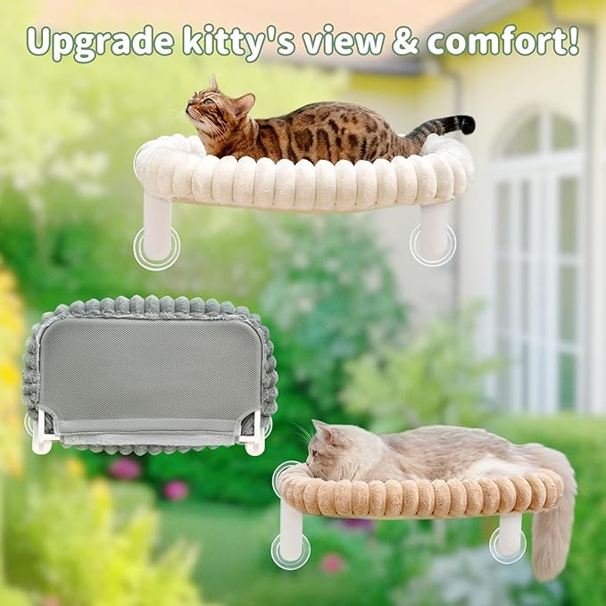 Sunhoo Cat Window Perch Bed Foldable Kitty Windowsill Hammock Shelf Seat Large Cats Suction Cup Indoor Kitten Window Sill Lounger with Soft Plush Cushion Machine Washable 21.26 * 11.8in (White, M)