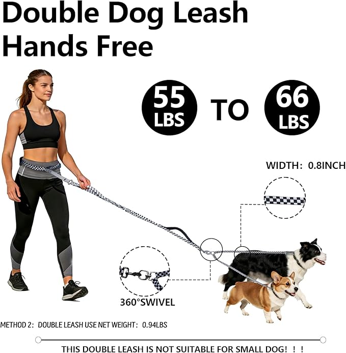 Roses&Poetry Hands Free Double Dog Leash for Two Dogs, 9-11ft Adjustable Bungee Walking Waist Lead, Dual Dog Leash with Tangle-Free Swivel for Medium Large Dogs Heavy Duty Running(Blackwhite)