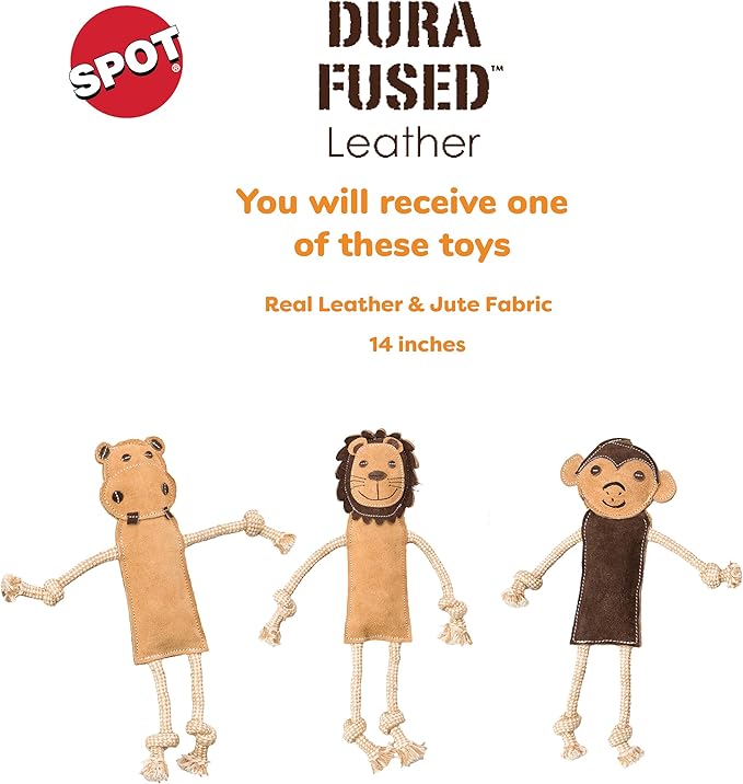 SPOT Dura-Fused Leather Jungle Animals - Dog Toy with Squeakers and Rope Limbs, Real Leather and Jute Chew Toy, Durable No-Stuffing Toy for Light to Moderate Chewers - 14in, Assorted Styles, 1 Piece