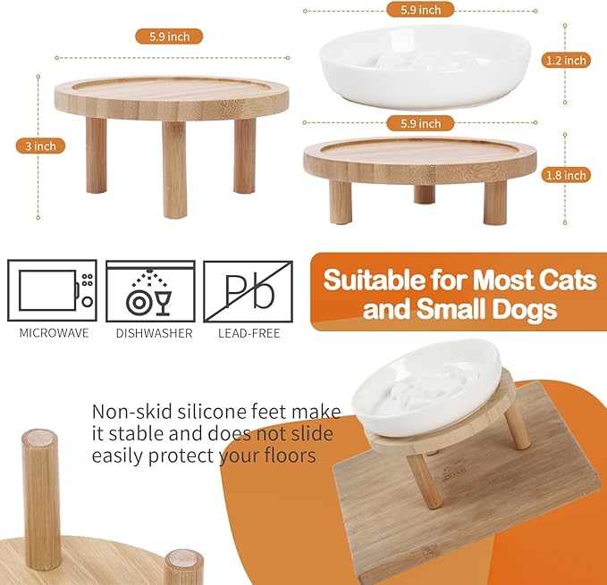 Raised Slow Feeder Cat Bowl, 5.9 Inch Wide Shallow Ceramic Elevated Glass Food Bowl Puzzle Feeders, Anti Vomit Cat Dish, Whisker Friendly Pet Plates Feeding Station for Indoor Cats, Kitten(1 Set)
