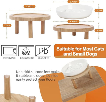 Raised Slow Feeder Cat Bowl, 5.9 Inch Wide Shallow Ceramic Elevated Glass Food Bowl Puzzle Feeders, Anti Vomit Cat Dish, Whisker Friendly Pet Plates Feeding Station for Indoor Cats, Kitten(1 Set)
