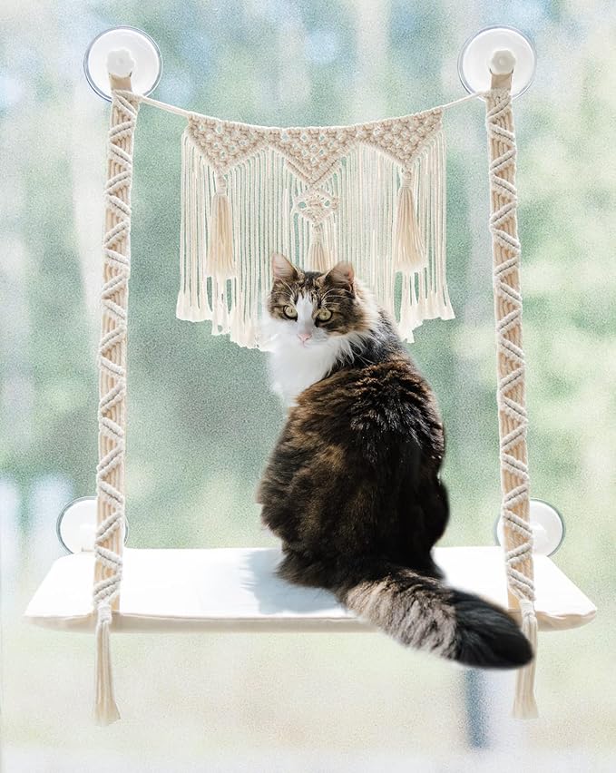Dahey Macrame Cat Window Perch Boho Cat Hammock Wall Mounted Pet Resting Seat Bed for Indoor Cats Space Saving kitty Sunny Swing Shelf on Window Safety Holds up to 45 lbs with Screw Suction Cups, Gift