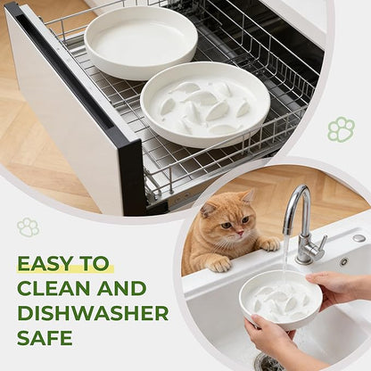Raised Cat Bowls, 6.3'' Flat & Slow Feeder Bowl, Wide Ceramic Elevated Shallow Slow Eating Cat Bowl for Dry/Wet Food, Anti-Vomiting Pet Puzzle Feeder, Whisker Friendly, Dishwasher Safe (2 Pack)