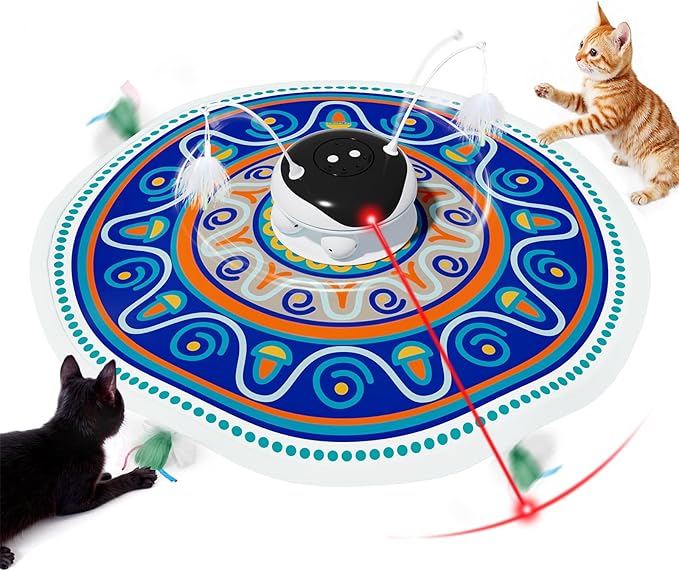 Gardner Pet Cat Toys Chargeable,5in1 Hide and Seek Automatic Interactive cat Toy, Chirping Moving Ambush Feather, Track Balls,Indoor Exercise Kicker 24 inch Cover for All Breeds,Boho Style - Blue