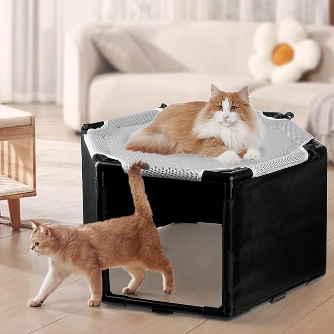Elevated Cat Hammock Bed with Privacy Fence, Portable Raised Dog Cat Bed, Breathable Mesh & Anti-Slip Feet for Indoor Outdoor Use, Easy to Clean & Carry