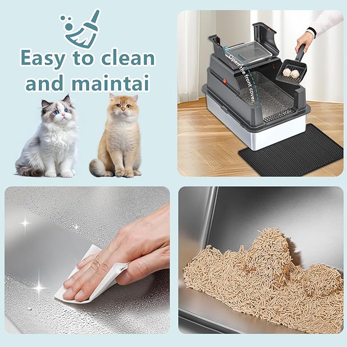 XXXL Extra Large Stainless Steel Litter Box with Lid, 28" L x 20.5" W x 17" H Covered Stainless Steel Litter Box, Multiple Natural Activated Carbon Filter Bags, Non-Sticky, Anti-Leakage, Easy to Clean