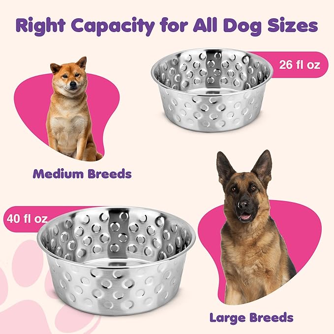 Heavy Gauge Stainless Steel Dog Bowls | Cat Bowls (Pack of 2) - Anti Skid Dog Water Bowl | Cat Water Bowl - Dishwasher Safe - 40 Oz - 1200 ml - 17 cm Diameter (Elegant Candy Dots)