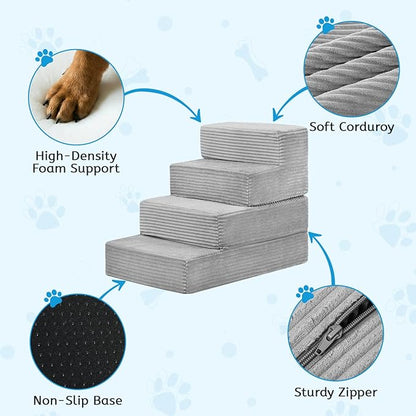 Dog Stairs for Small Dogs, 4 Step Pet Stairs for High Beds and Couch, Dog Steps for Bed Balanced 18" H, Foldable Pet Ramp for Large Cats Climb, Non-Slip Bottom Doggy Step, Light Grey