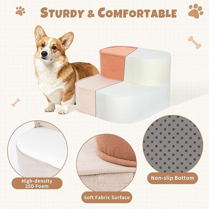 Dog Stairs for Small Dogs, 3 Step Dog Stair for High Bed and Couch, Non-Slip High Density Foam Sturdy Pet Steps with Removable Washable Cover for Older Cat