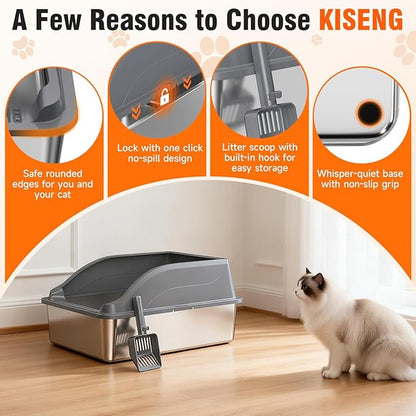 2PACK Stainless Steel Litter Boxes, Extra Large XL Odor Free Metal Litter Box with High Sides, Open Top Litter Pan Include Scoop Easy Cleaning Anti-Scratch Kitty Cat Box Anti-Urine Leakage, Non-Sticky