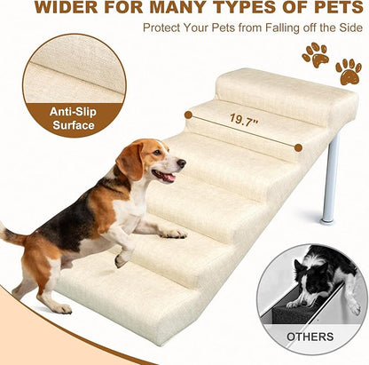 Adjustable Dog Stairs & Ramp for Cats and Dogs, 6-Step Pet Stairs for High Beds and Couch, 21.2"–24.4" Height, Linen Faux Leather, Waterproof, Scratch-Resistant, Non-Slip Indoor Pet Ramp