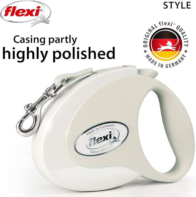 FLEXI® Style Retractable Dog Leash (Tape), Ergonomic, Durable and Tangle Free Pet Walking Leash for Dogs Up to 55 lbs, 16 ft, Medium, White/Grey
