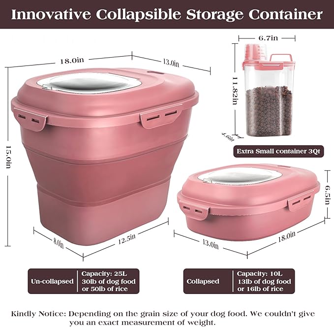 Dog Food Storage Container, Airtight Collapsible 13lb to 30lb Pet Food Container with Flip Top, Rolling Wheel, Scoop and a small container for Dog Cat Food and Dry Food of Rice, Flour